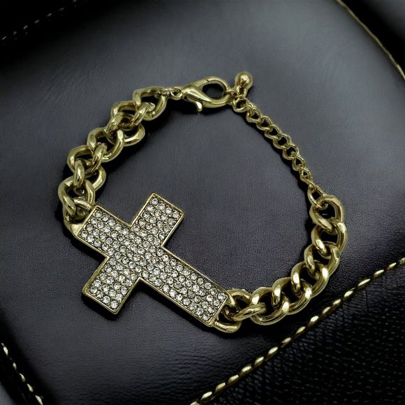 Pave Cross Bracelet Women Rhinestone Religious Gold Tone Crystal Links Jewelry - Picture 1 of 8
